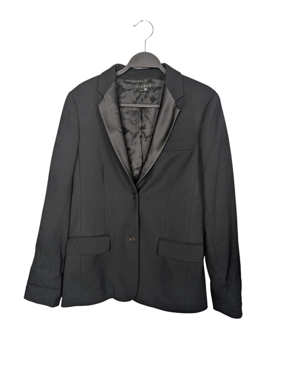 Theory Suzanne B‎ Black Satin Lapel Wool Professional Formal Blazer Size Large